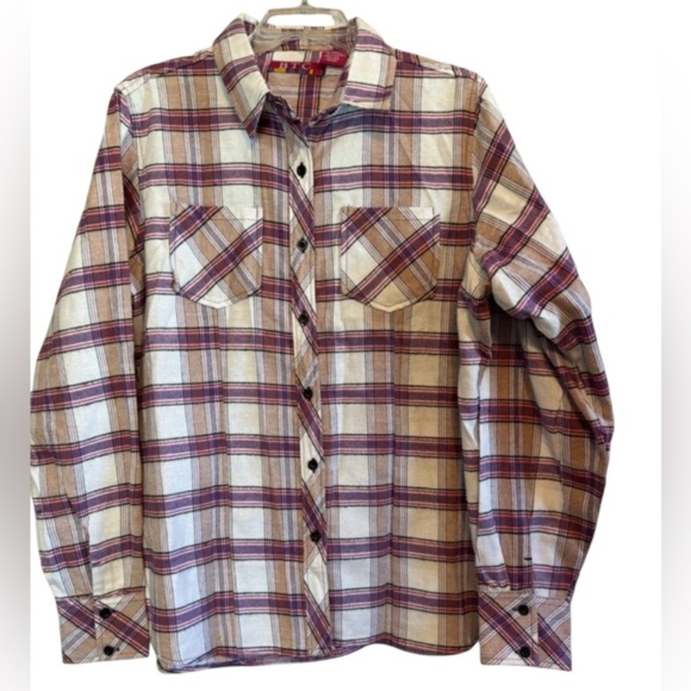 BTC Red & Tan Plaid Flannel Casual Shirt Size Large